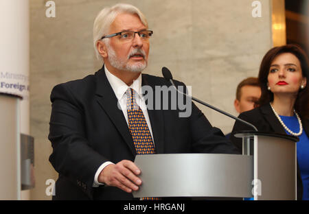 Kiev, Ukraine. 1st March, 2017. Foreign Minister of Poland Witold Waschykovskyi takes a speech during Joint press conference of Foreign Ministers of Ukraine, Great Britain and Poland. Credit: Oleksandr Prykhodko/Alamy Live News Stock Photo