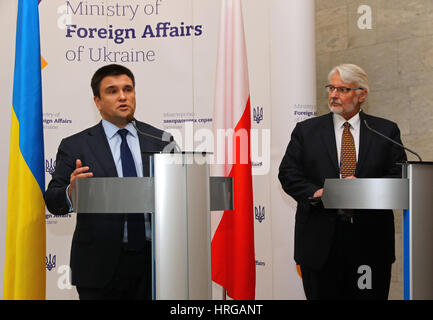 Kiev, Ukraine. 1st March, 2017. Foreign Minister of Ukraine Pavlo Klimkin (L) and Foreign Minister of Poland Witold Waschykovskyi during joint press conference in Kiev. Credit: Oleksandr Prykhodko/Alamy Live News Stock Photo