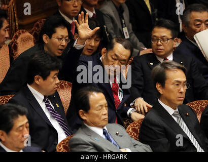 Tokyo, Japan. 1st Mar, 2017. Japanese Justice Minister Katsutoshi Kaneda raises his hand to answer a question by an opposition lawmaker at the Upper House's budget committee session at the National Diet in Tokyo on Wednesday, March 1, 2017. Japanese government has plan to file anti conspiracy bill for serious crimes like terrorism. Credit: Yoshio Tsunoda/AFLO/Alamy Live News Stock Photo