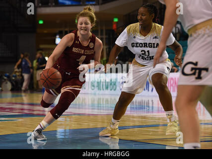 CONWAY, SC - MARCH 01: Boston College Eagles guard Taylor Ortlepp (4) drives by Georgia Tech Yellow Jackets forward Zaire O'Neil (21) during the game between the Boston College Eagles and the Georgia Tech Yellow Jackets in the ACC Women's Tournament on March 1, 2017 at HTC Arena in Conway, SC. Georgia Tech defeated Boston College 71-67. William Howard/CSM Stock Photo
