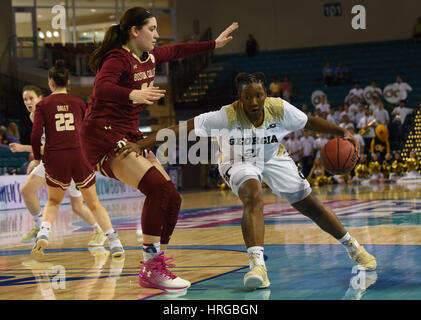 CONWAY, SC - MARCH 01: Georgia Tech Yellow Jackets forward Zaire O'Neil (21) drives to the basket during the game between the Boston College Eagles and the Georgia Tech Yellow Jackets in the ACC Women's Tournament on March 1, 2017 at HTC Arena in Conway, SC. Georgia Tech defeated Boston College 71-67. William Howard/CSM Stock Photo