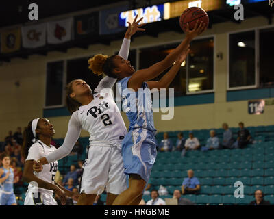 CONWAY, SC - MARCH 01: North Carolina Tar Heels guard Paris Kea (22) goes up for a shot past Pittsburgh Panthers guard Aysia Bugg (2) during the game between the North Carolina Tarheels and the Pitt Panthers in the ACC Women's Tournament on March 1, 2017 at HTC Arena in Conway, SC. North Carolina defeated Pitt 72-60. William Howard/CSM Stock Photo