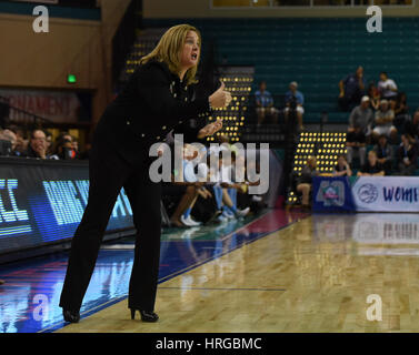 CONWAY, SC - MARCH 01: Pittsburgh Panthers head coach Suzie McConnell-Serio talks to her team on defense during the game between the North Carolina Tarheels and the Pitt Panthers in the ACC Women's Tournament on March 1, 2017 at HTC Arena in Conway, SC. North Carolina defeated Pitt 72-60. William Howard/CSM Stock Photo