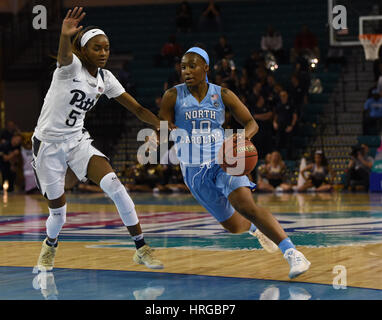 CONWAY, SC - MARCH 01: North Carolina Tar Heels guard Jamie Cherry (10) drives around Pittsburgh Panthers forward Kauai Bradley (5) during the game between the North Carolina Tarheels and the Pitt Panthers in the ACC Women's Tournament on March 1, 2017 at HTC Arena in Conway, SC. North Carolina defeated Pitt 72-60. William Howard/CSM Stock Photo