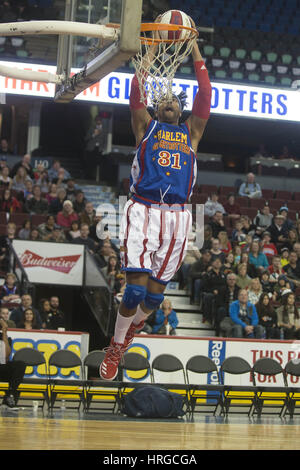 Calgary, Alberta, Canada. 1st Mar, 2017. Hammer Harrison of The Harlem Globe Trotters slam dunks a basket during a game in Calgary. Credit: Baden Roth/ZUMA Wire/Alamy Live News Stock Photo