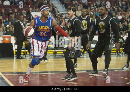 Calgary, Alberta, Canada. 1st Mar, 2017. Hammer Harrison of The Harlem Globe Trotters rushes through defence during a Harlem Globe Trotter game in Calgary. Credit: Baden Roth/ZUMA Wire/Alamy Live News Stock Photo