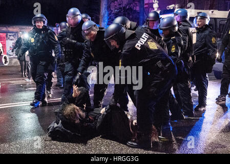 Denmark, Copenhagen, March 1st. 2017. Left wing activists took the streets of Copenhagen ten years after the demolition of the Ungdomshuset youth house at Jagtvej 69. Under the statement “The fight continues, nothing forgotten, nothing forgiven” the activists clashed with the police during the march. The police is massively present around Jagtvej 69 where severial activists were arrested. Credit: Gonzales Photo/Alamy Live News Stock Photo