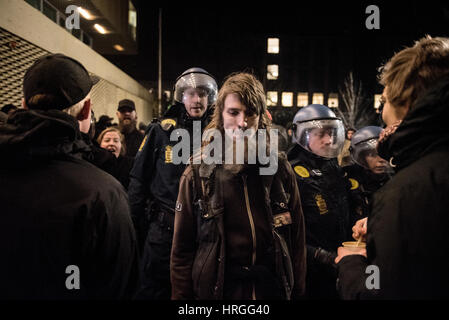 Denmark, Copenhagen, March 1st. 2017. Left wing activists took the streets of Copenhagen ten years after the demolition of the Ungdomshuset youth house at Jagtvej 69. Under the statement “The fight continues, nothing forgotten, nothing forgiven” the activists clashed with the police during the march. Credit: Gonzales Photo/Alamy Live News Stock Photo