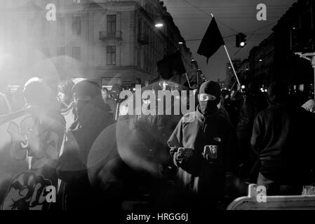 Denmark, Copenhagen, March 1st. 2017. Left wing activists took the streets of Copenhagen ten years after the demolition of the Ungdomshuset youth house at Jagtvej 69. Under the statement “The fight continues, nothing forgotten, nothing forgiven” the activists clashed with the police during the march. Credit: Gonzales Photo/Alamy Live News Stock Photo