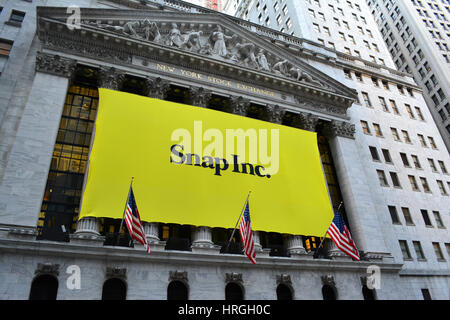New York, USA. 1st Mar, 2017. Sign on the New York Stock Exchange marking the IPO of Snap Inc., the owners of Snapchat. Credit: Christopher Penler/Alamy Live News Stock Photo