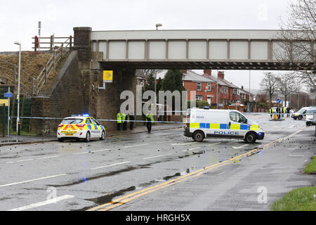 Newbold, Rochdale, UK. 2nd Mar, 2017. Incident on the metro link tram line where a man has been throwing stones onto the road from the bridge above in Newbold, Rochdale, 2nd March, 2017 Credit: Barbara Cook/Alamy Live News Stock Photo