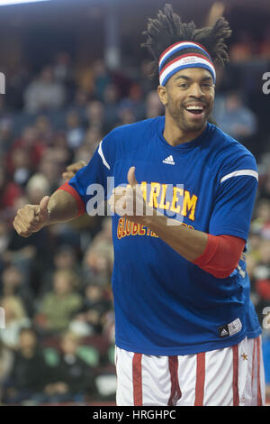 March 1, 2017 - Hammer Harrison of The Harlem Globe Trotters poses for a photo during a Harlem Globe Trotters  game in Calgary. (Credit Image: © Baden Roth via ZUMA Wire) Stock Photo