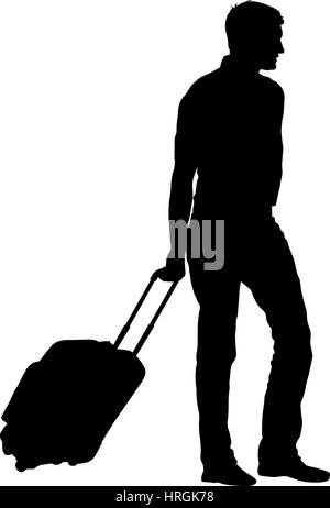 Black silhouettes travelers with suitcases on white background. Vector illustration. Stock Vector