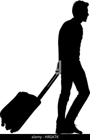 Black silhouettes travelers with suitcases on white background. Vector illustration. Stock Vector