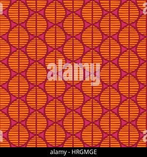 Primitive seamless floral pattern with leaves. Tribal ethnic background, simplistic geometry, orange and fuchsia. Textile design. Stock Vector