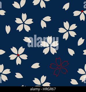 Cherry blossom, ecru and red on navy blue background. Ethnic textile design. Stock Vector
