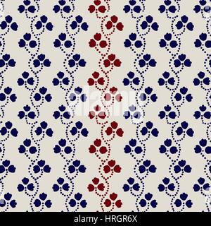 Seamless floral pattern, handmade Russian folk motif with clover in navy blue, red and ecru. Textile print. Stock Vector