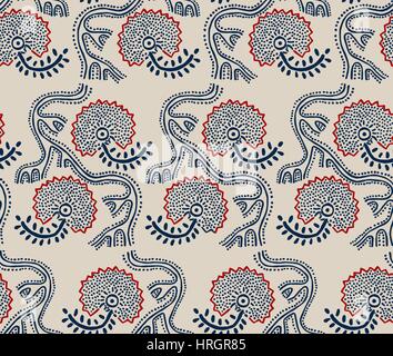 Seamless floral pattern, traditional block printed ornament, handmade Russian motif with navy blue and red flowers on ecru background. Textile print. Stock Vector