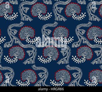Seamless floral pattern, traditional block printed ornament, handmade Russian motif with ecru and red flowers on navy blue background. Textile print. Stock Vector