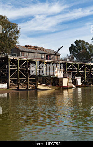 An old Paddlesteamer the PS Alexander Arbuthnot alongside the historic Port of Echuca Wharf,located on the Murray River in Victoria Australia. Stock Photo