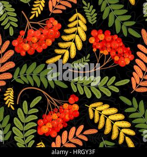 Rowan seamless pattern. Juicy, ripe rowanberries. Stock Vector