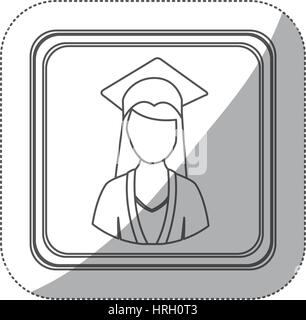 sticker monochrome silhouette square button with half body woman with graduation outfit Stock Vector