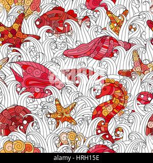 Seamless pattern of colorful hand drawn seashells, starfish and seahorse Stock Vector