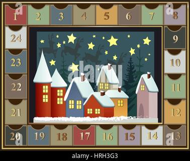 Advent calendar with winter town Stock Vector