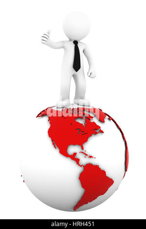 3d Businessman standing on earth globe: American side. Isolated on white Stock Photo