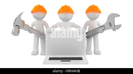 Builders with laptop and tools. Isolated on white background Stock Photo