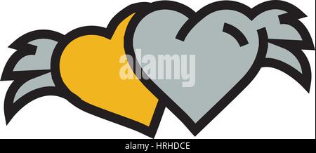 Two Hearts with wings yellow Stock Vector