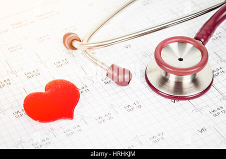 Stethoscope with Red heart on cardiogram report background. Stock Photo