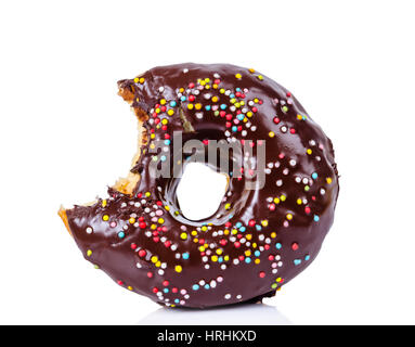 Eaten delicious chocolate donut with Sprinkles Isolated on White Background Stock Photo
