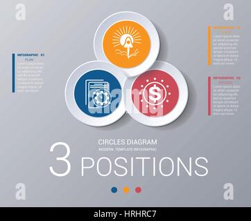 Circles diagram, data Elements For Template infographics 3 positions. Coloured circles are located on a circle with shade. Concept of successful start Stock Vector