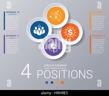 Circles diagram, data Elements For Template infographics 4 positions. Coloured circles are located on a circle with shade. Concept of successful start Stock Vector
