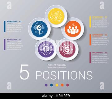 Circles diagram, data Elements For Template infographics 5 positions. Coloured circles are located on a circle with shade. Concept of successful start Stock Vector