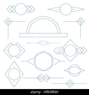 Set of blue linear graphic stylized frames and borders on white background Stock Vector