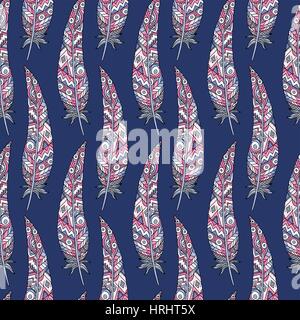Seamless pattern made of boho feathers on dark blue background Stock Vector