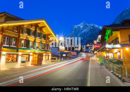 Dorfstrasse and Wetterhorn, Grindelwald village, Jungfrau region, Bernese Oberland, Swiss Alps, Switzerland Stock Photo