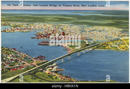 Connecticut -  Air view of Groton - New London Bridge on Thames River, New London, Conn. Stock Photo