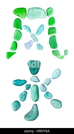 seaglass pieces isolated on white, simplyfied Chinese characters feng  for wind and shui for water, written vertically Stock Photo