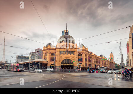 melbourne, Australia - December 27, 2016: Flinders Street railway station is situated on the corner of Flinders and Swanston Streets right in the cent Stock Photo