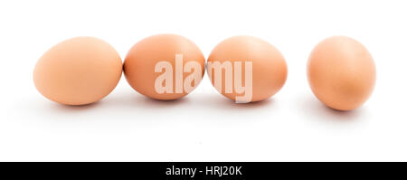 Four brown chicken eggs in a row isolated on white. Stock Photo