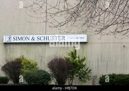 A logo sign outside of a Simon & Schuster, Inc., distribution warehouse in Riverside, New Jersey, on February 26, 2017. Stock Photo