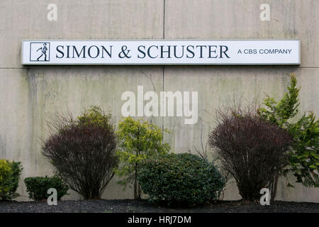 A logo sign outside of a Simon & Schuster, Inc., distribution warehouse in Riverside, New Jersey, on February 26, 2017. Stock Photo