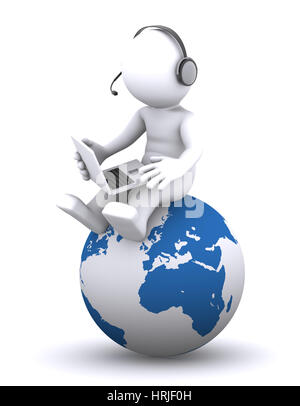 3d character with laptop sitting on the globe. Rendered on white background Stock Photo