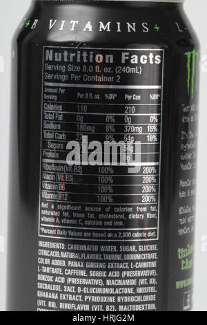 Nutrition Facts for Energy Drink Stock Photo - Alamy