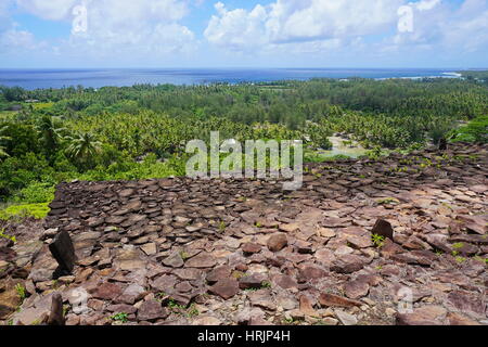 Viewpoint from the marae Paepae Ofata, ancient stone structure, Maeva, Huahine island, French Polynesia, Pacific ocean Stock Photo