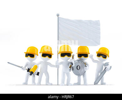 Group of construction workers/builders with tools and blank flag. Isolated on white background Stock Photo