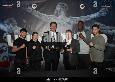 Boxing promoter Eddie Hearn (centre left) and JD Sports representative Steve Wright (centre right) with boxers (left-right) Joe Cordina, Katie Taylor, Lawrence Okolie and Josh Kelly during the press conference at Sky Backstage at The O2, London. Stock Photo